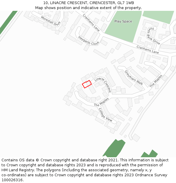 10, LINACRE CRESCENT, CIRENCESTER, GL7 1WB: Location map and indicative extent of plot