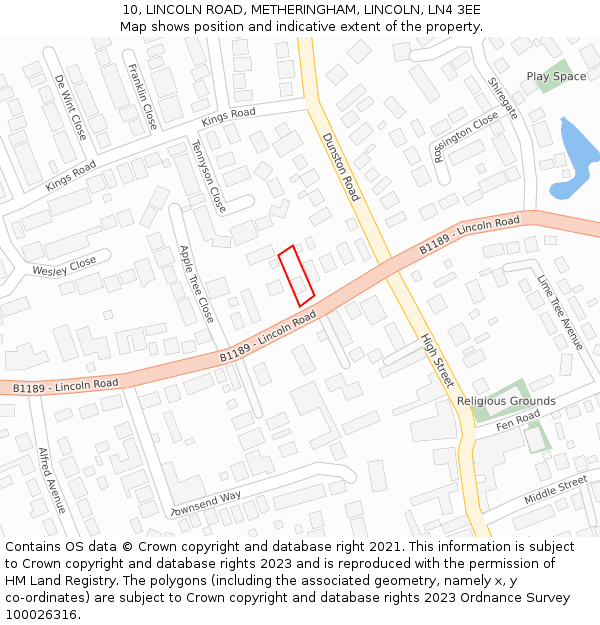 10, LINCOLN ROAD, METHERINGHAM, LINCOLN, LN4 3EE: Location map and indicative extent of plot