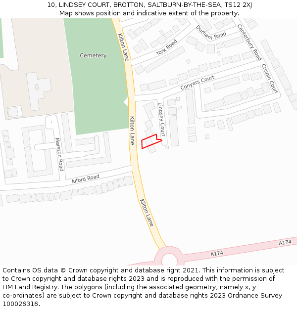 10, LINDSEY COURT, BROTTON, SALTBURN-BY-THE-SEA, TS12 2XJ: Location map and indicative extent of plot
