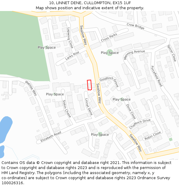 10, LINNET DENE, CULLOMPTON, EX15 1UF: Location map and indicative extent of plot