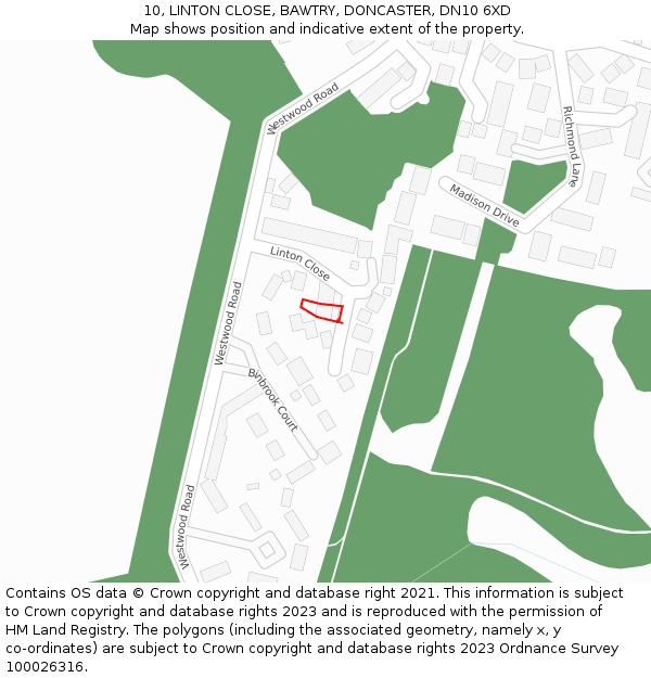 10, LINTON CLOSE, BAWTRY, DONCASTER, DN10 6XD: Location map and indicative extent of plot