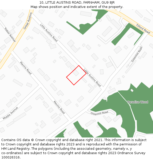 10, LITTLE AUSTINS ROAD, FARNHAM, GU9 8JR: Location map and indicative extent of plot