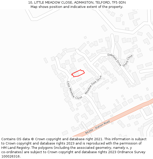 10, LITTLE MEADOW CLOSE, ADMASTON, TELFORD, TF5 0DN: Location map and indicative extent of plot