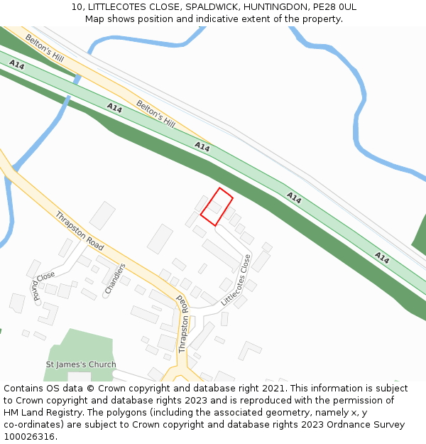 10, LITTLECOTES CLOSE, SPALDWICK, HUNTINGDON, PE28 0UL: Location map and indicative extent of plot