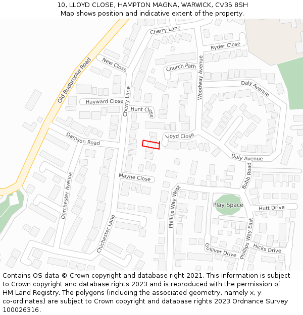 10, LLOYD CLOSE, HAMPTON MAGNA, WARWICK, CV35 8SH: Location map and indicative extent of plot