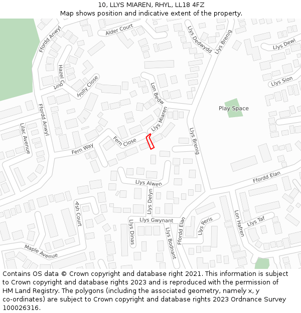 10, LLYS MIAREN, RHYL, LL18 4FZ: Location map and indicative extent of plot