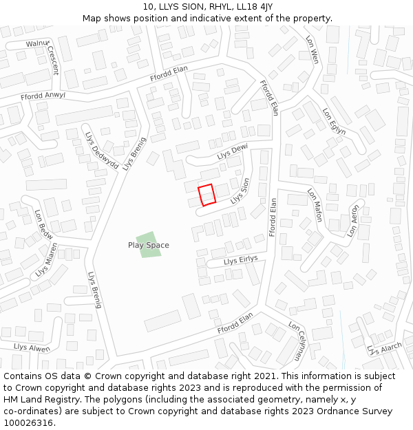 10, LLYS SION, RHYL, LL18 4JY: Location map and indicative extent of plot