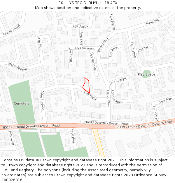 10, LLYS TEGID, RHYL, LL18 4EX: Location map and indicative extent of plot