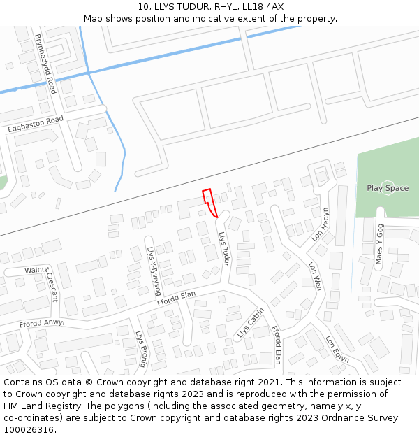 10, LLYS TUDUR, RHYL, LL18 4AX: Location map and indicative extent of plot