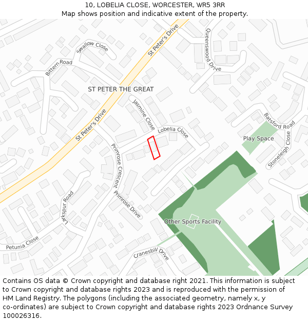 10, LOBELIA CLOSE, WORCESTER, WR5 3RR: Location map and indicative extent of plot