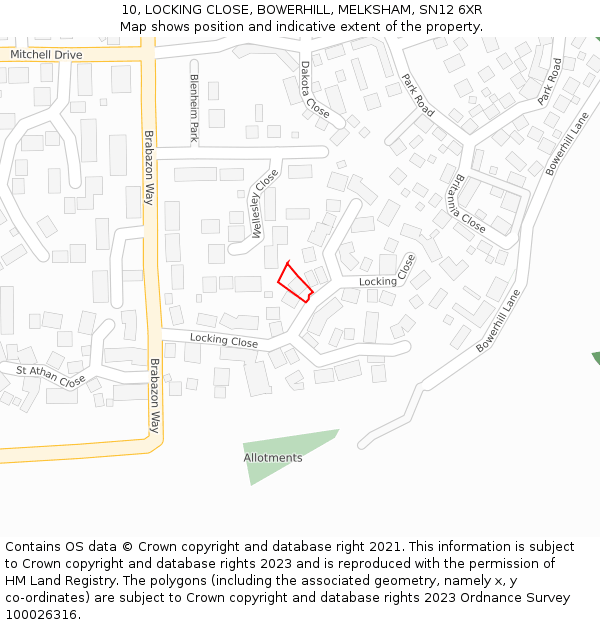 10, LOCKING CLOSE, BOWERHILL, MELKSHAM, SN12 6XR: Location map and indicative extent of plot