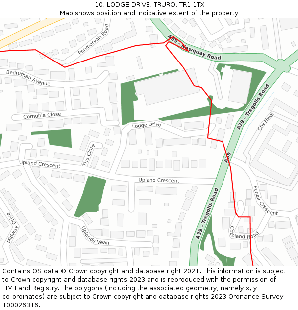 10, LODGE DRIVE, TRURO, TR1 1TX: Location map and indicative extent of plot