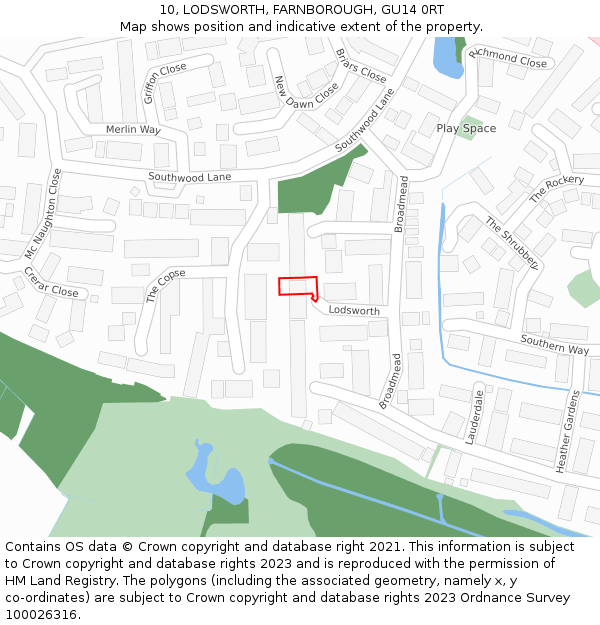 10, LODSWORTH, FARNBOROUGH, GU14 0RT: Location map and indicative extent of plot