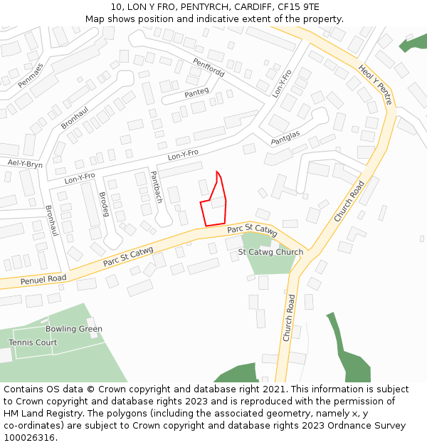 10, LON Y FRO, PENTYRCH, CARDIFF, CF15 9TE: Location map and indicative extent of plot