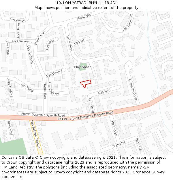 10, LON YSTRAD, RHYL, LL18 4DL: Location map and indicative extent of plot