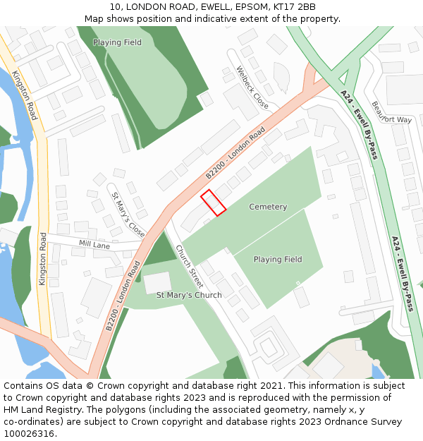 10, LONDON ROAD, EWELL, EPSOM, KT17 2BB: Location map and indicative extent of plot