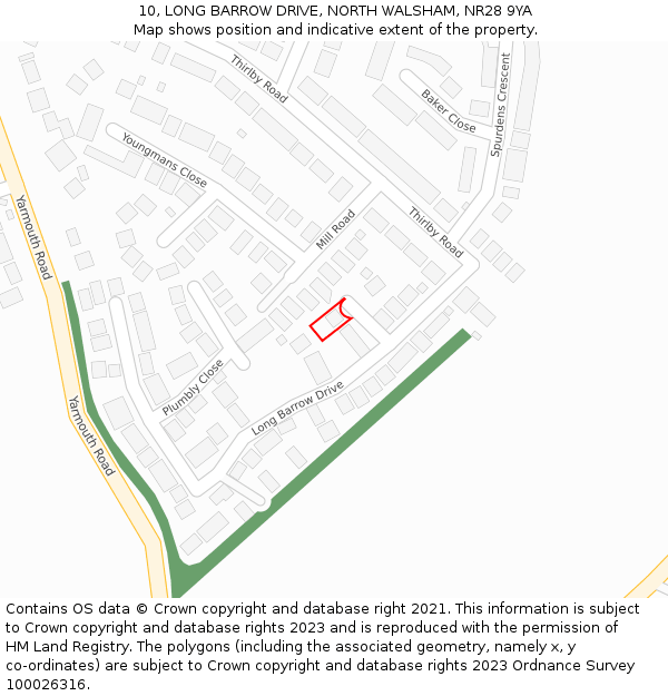 10, LONG BARROW DRIVE, NORTH WALSHAM, NR28 9YA: Location map and indicative extent of plot