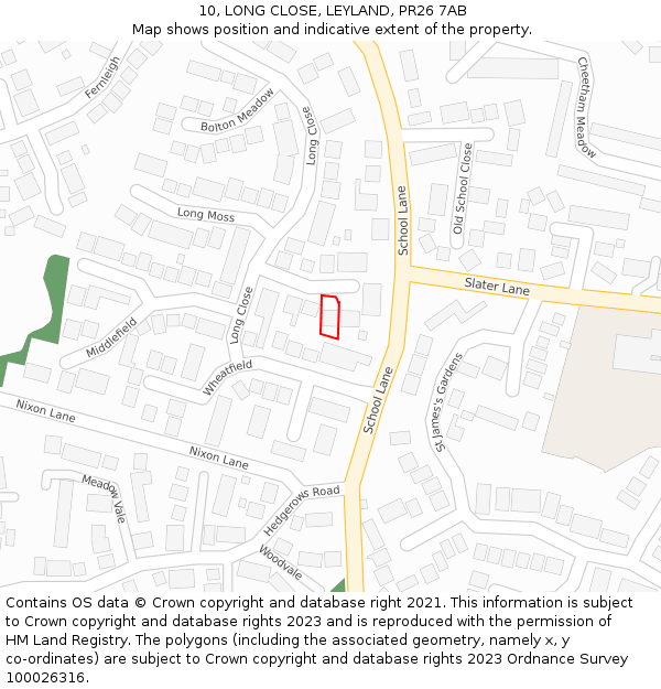 10, LONG CLOSE, LEYLAND, PR26 7AB: Location map and indicative extent of plot