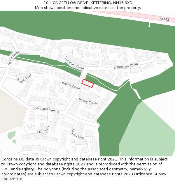 10, LONGFELLOW DRIVE, KETTERING, NN16 9XD: Location map and indicative extent of plot