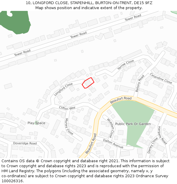 10, LONGFORD CLOSE, STAPENHILL, BURTON-ON-TRENT, DE15 9FZ: Location map and indicative extent of plot