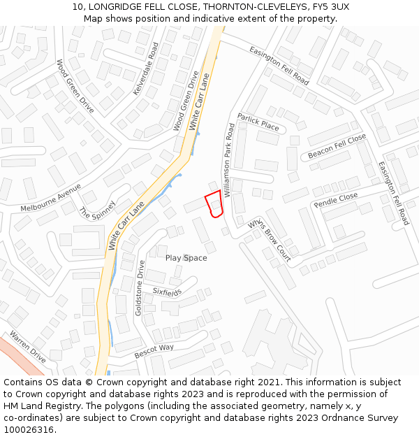 10, LONGRIDGE FELL CLOSE, THORNTON-CLEVELEYS, FY5 3UX: Location map and indicative extent of plot