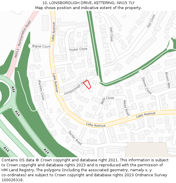10, LONSBOROUGH DRIVE, KETTERING, NN15 7LY: Location map and indicative extent of plot