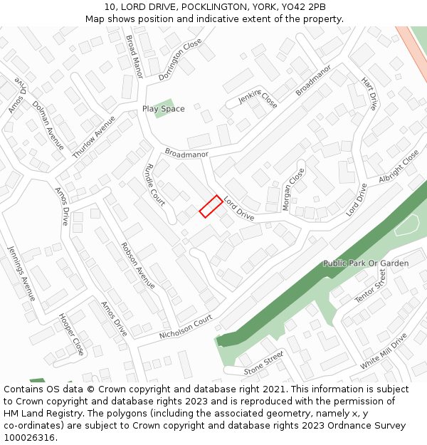 10, LORD DRIVE, POCKLINGTON, YORK, YO42 2PB: Location map and indicative extent of plot