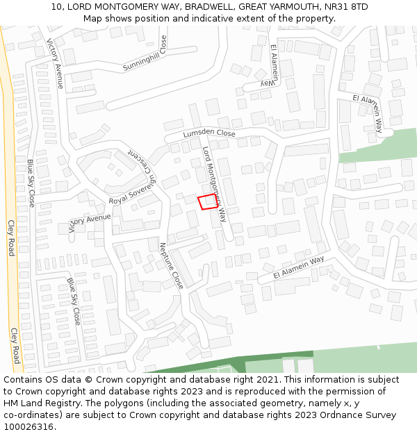 10, LORD MONTGOMERY WAY, BRADWELL, GREAT YARMOUTH, NR31 8TD: Location map and indicative extent of plot