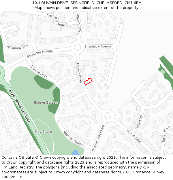 10, LOUVAIN DRIVE, SPRINGFIELD, CHELMSFORD, CM1 6BA: Location map and indicative extent of plot