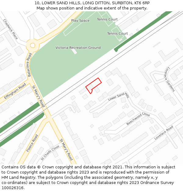 10, LOWER SAND HILLS, LONG DITTON, SURBITON, KT6 6RP: Location map and indicative extent of plot