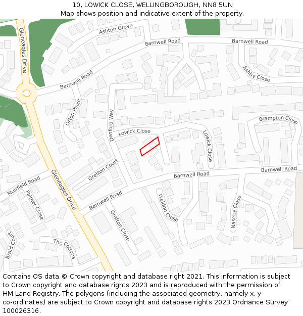 10, LOWICK CLOSE, WELLINGBOROUGH, NN8 5UN: Location map and indicative extent of plot