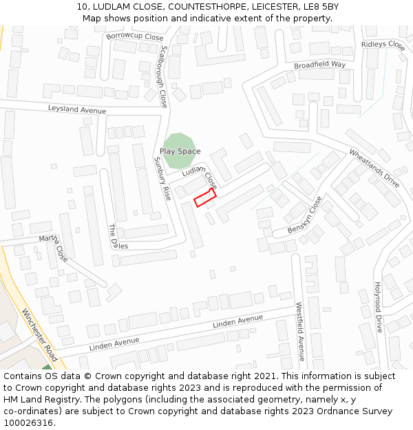 10, LUDLAM CLOSE, COUNTESTHORPE, LEICESTER, LE8 5BY: Location map and indicative extent of plot