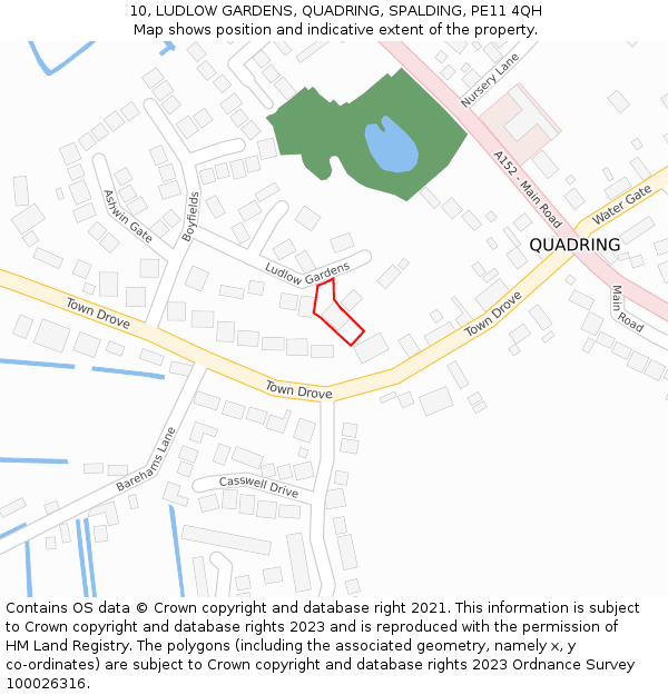 10, LUDLOW GARDENS, QUADRING, SPALDING, PE11 4QH: Location map and indicative extent of plot