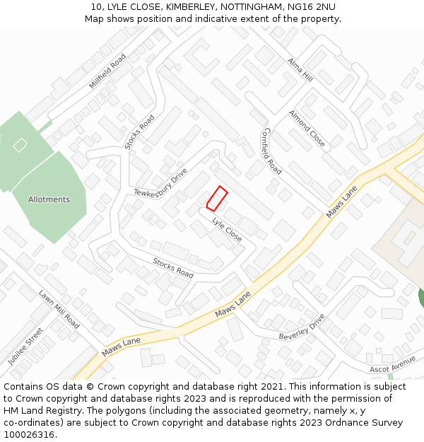 10, LYLE CLOSE, KIMBERLEY, NOTTINGHAM, NG16 2NU: Location map and indicative extent of plot