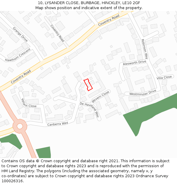 10, LYSANDER CLOSE, BURBAGE, HINCKLEY, LE10 2GF: Location map and indicative extent of plot