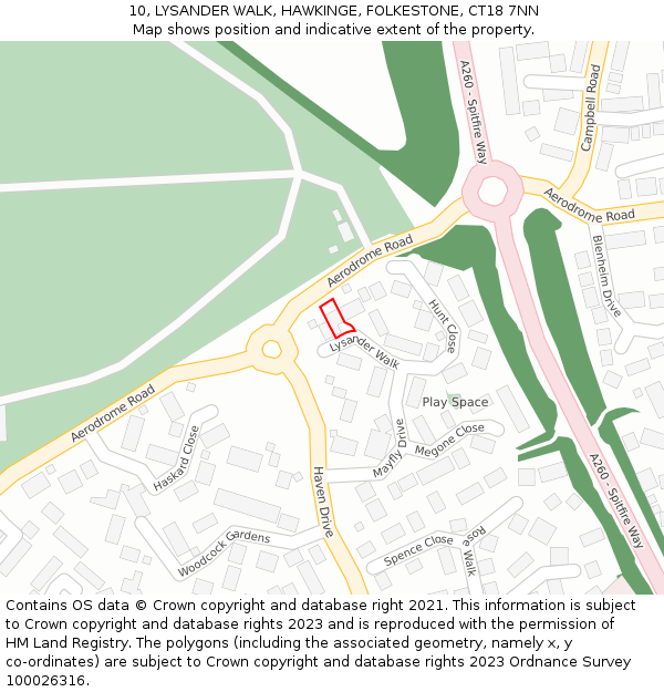 10, LYSANDER WALK, HAWKINGE, FOLKESTONE, CT18 7NN: Location map and indicative extent of plot