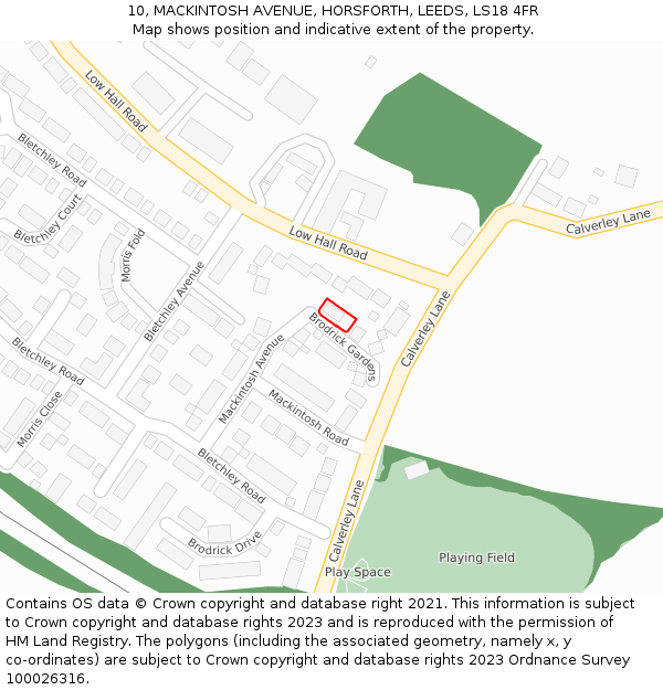 10, MACKINTOSH AVENUE, HORSFORTH, LEEDS, LS18 4FR: Location map and indicative extent of plot