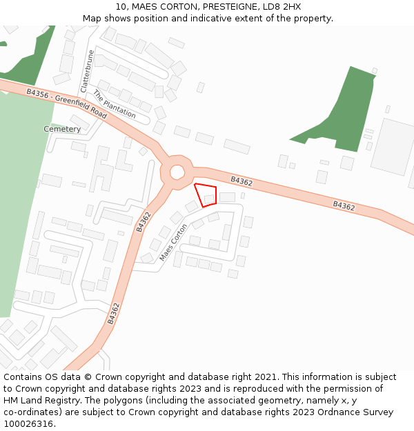 10, MAES CORTON, PRESTEIGNE, LD8 2HX: Location map and indicative extent of plot