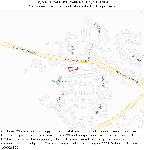 10, MAES Y WENNOL, CARMARTHEN, SA31 3EA: Location map and indicative extent of plot