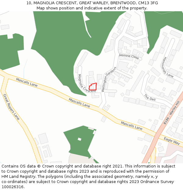 10, MAGNOLIA CRESCENT, GREAT WARLEY, BRENTWOOD, CM13 3FG: Location map and indicative extent of plot