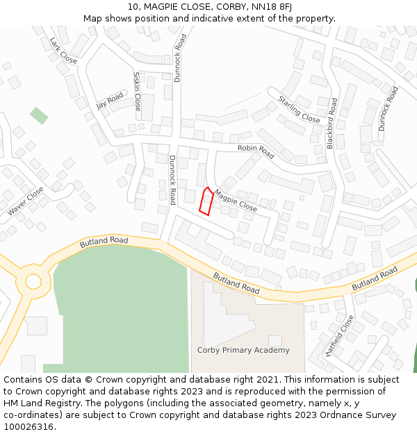 10, MAGPIE CLOSE, CORBY, NN18 8FJ: Location map and indicative extent of plot