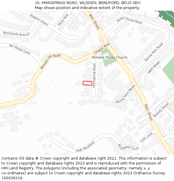 10, MAINSPRING ROAD, WILSDEN, BRADFORD, BD15 0EH: Location map and indicative extent of plot