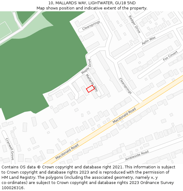 10, MALLARDS WAY, LIGHTWATER, GU18 5ND: Location map and indicative extent of plot