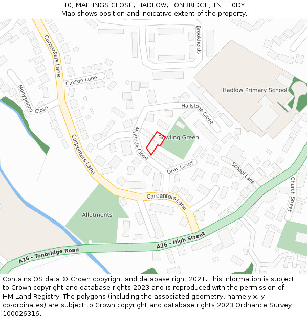 10, MALTINGS CLOSE, HADLOW, TONBRIDGE, TN11 0DY: Location map and indicative extent of plot