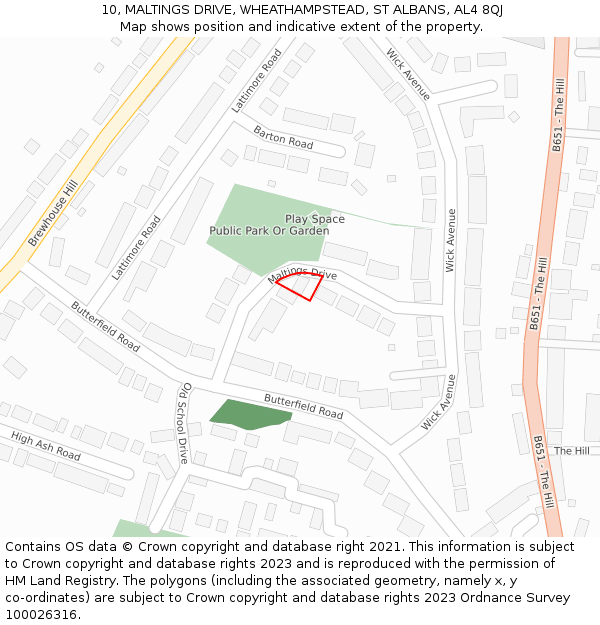 10, MALTINGS DRIVE, WHEATHAMPSTEAD, ST ALBANS, AL4 8QJ: Location map and indicative extent of plot