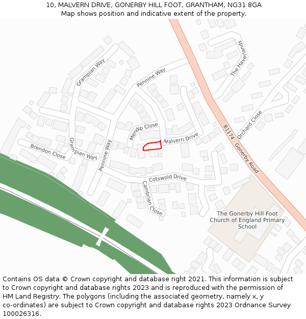 10, MALVERN DRIVE, GONERBY HILL FOOT, GRANTHAM, NG31 8GA: Location map and indicative extent of plot