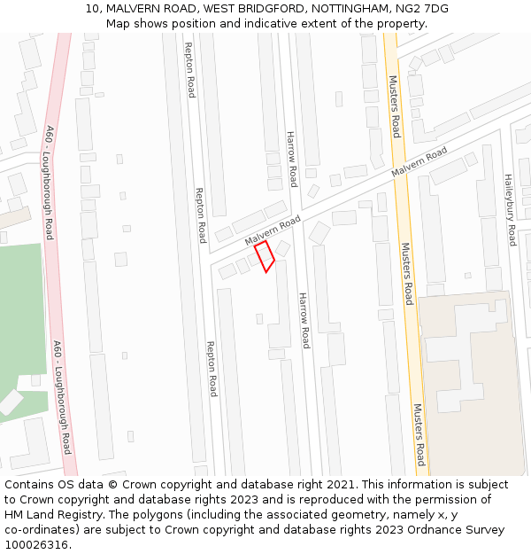 10, MALVERN ROAD, WEST BRIDGFORD, NOTTINGHAM, NG2 7DG: Location map and indicative extent of plot