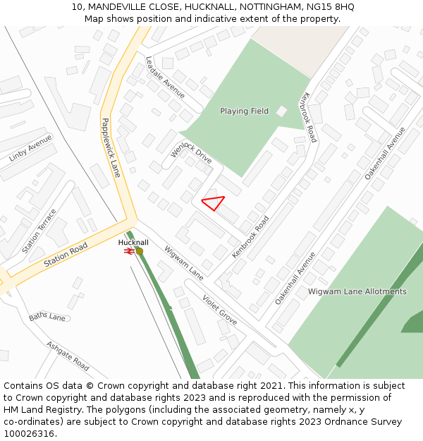10, MANDEVILLE CLOSE, HUCKNALL, NOTTINGHAM, NG15 8HQ: Location map and indicative extent of plot