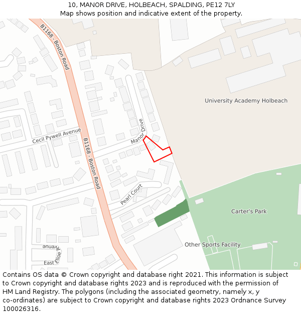 10, MANOR DRIVE, HOLBEACH, SPALDING, PE12 7LY: Location map and indicative extent of plot