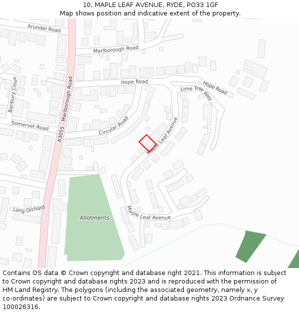 10, MAPLE LEAF AVENUE, RYDE, PO33 1GF: Location map and indicative extent of plot